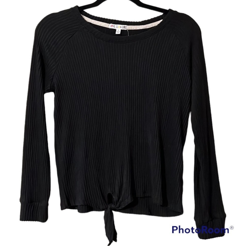 Love, Glam Girl large Jayme brushed tie front pullover black long sleeve stitch